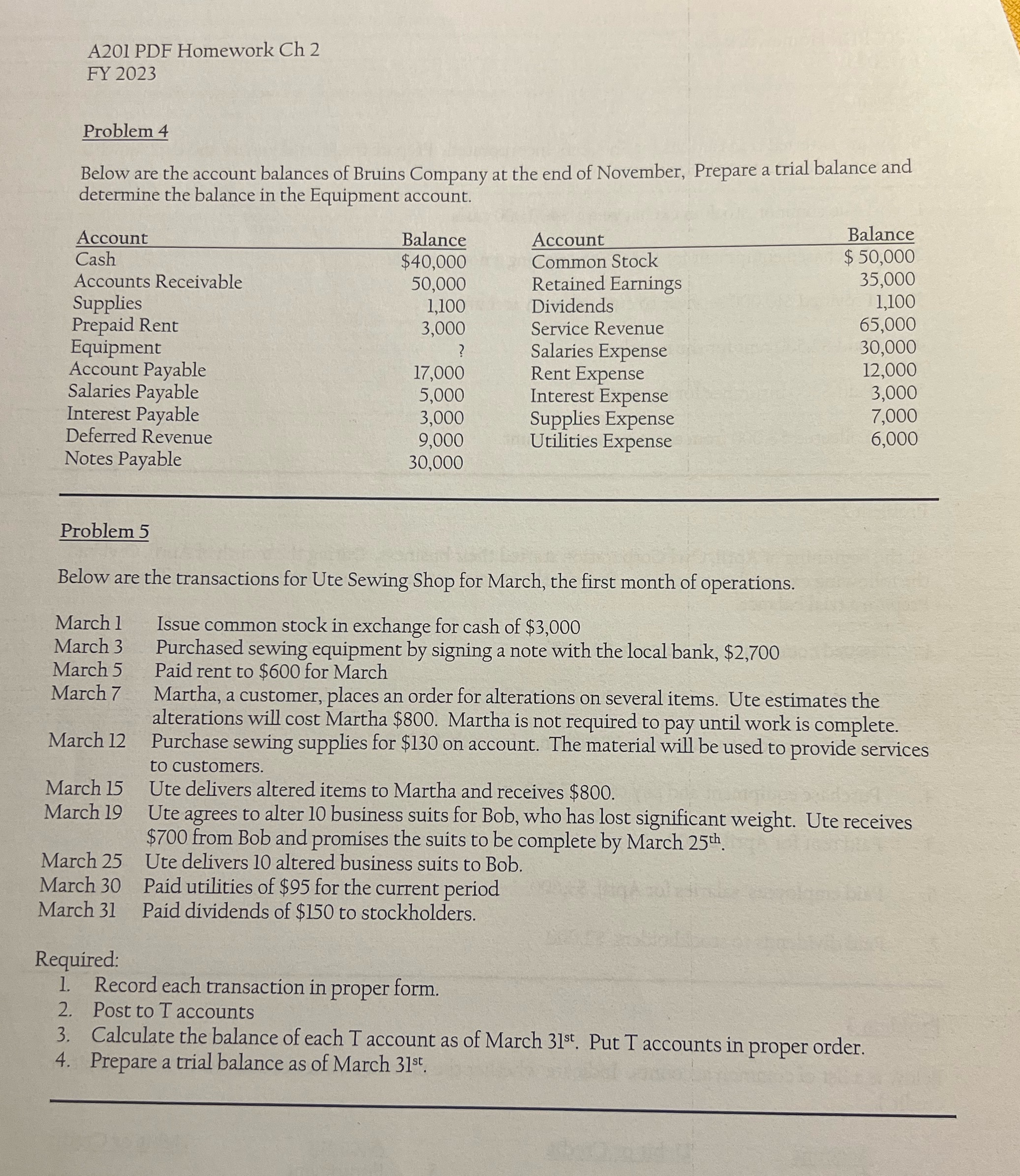  A201 PDF Homework Ch 2 FY 2023 Problem 4 Below are