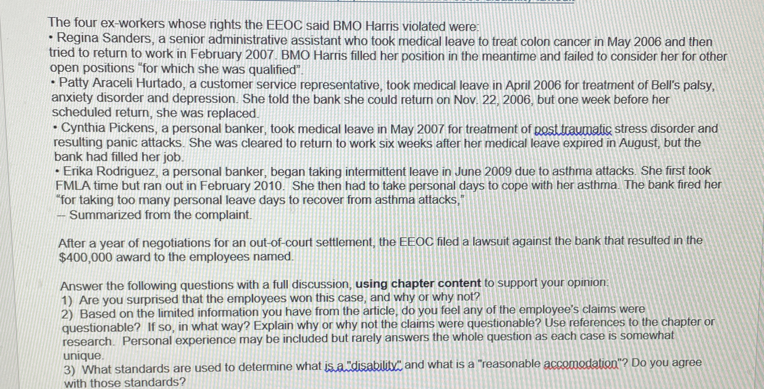  The four ex-workers whose rights the EEOC said BMO Harris violated