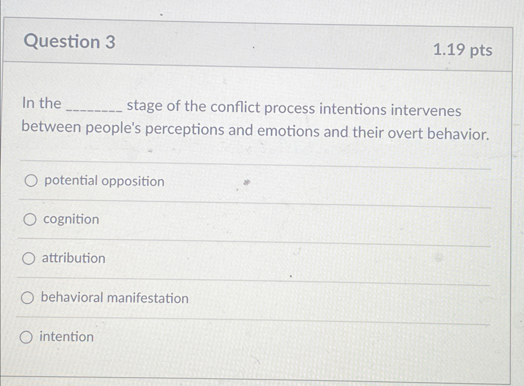  Question 3 1.19 pts In the stage of the conflict process