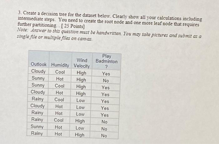  3. Create a decision tree for the dataset below. Clearly show