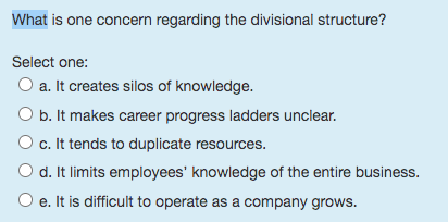  What is one concern regarding the divisional structure? Select one: a.