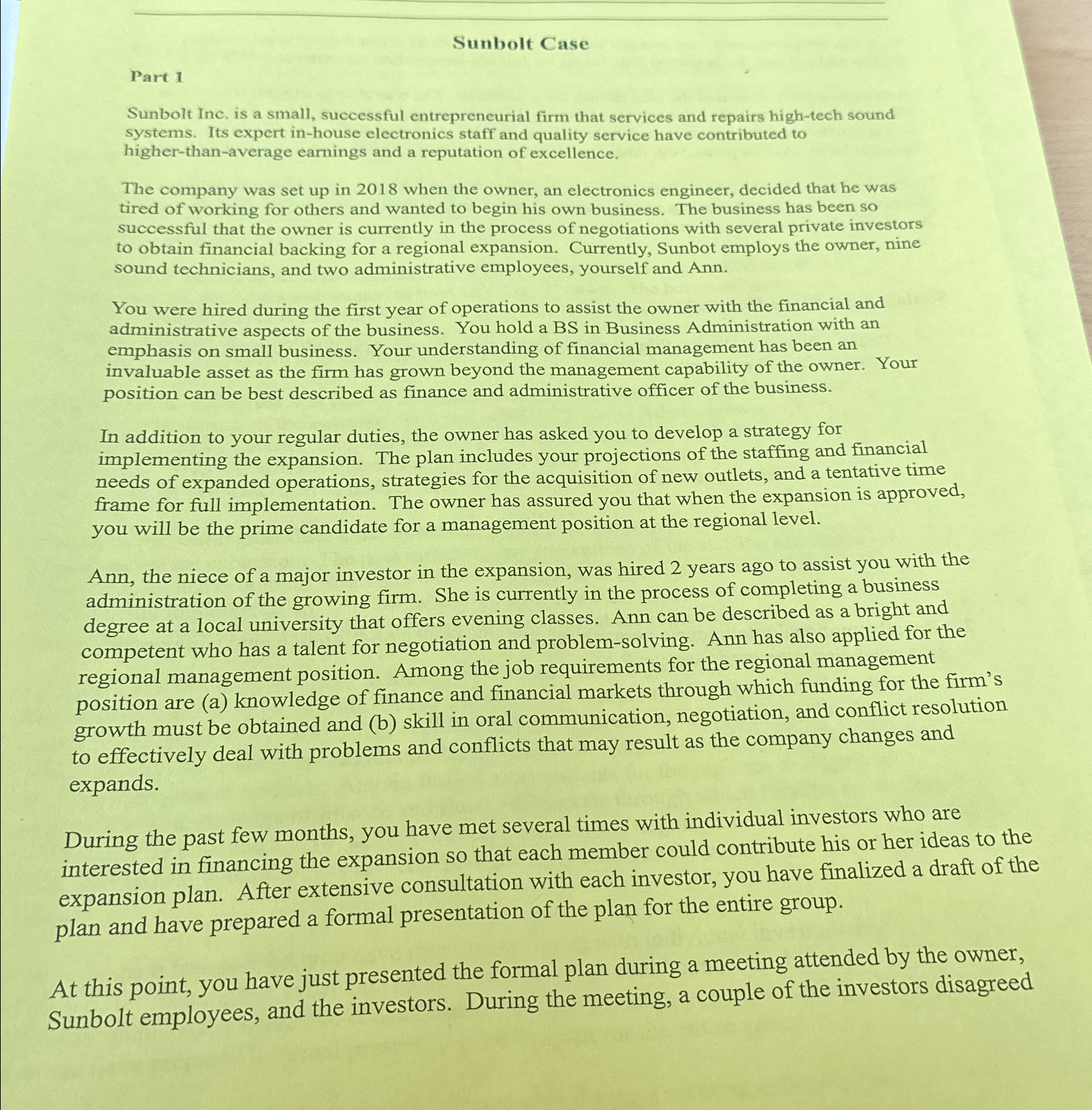  Sunbolt Case Part 1 Sunbolt Inc. is a small, successful entrepreneurial