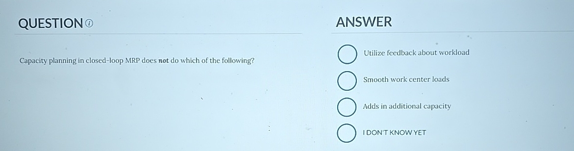  QUESTION (1) ANSWER Capacity planning in closed-loop MRP does not do