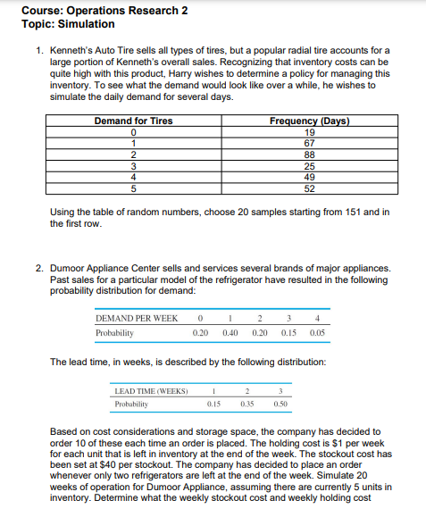  Course: Operations Research 2 Topic: Simulation 1. Kenneth's Auto Tire sells