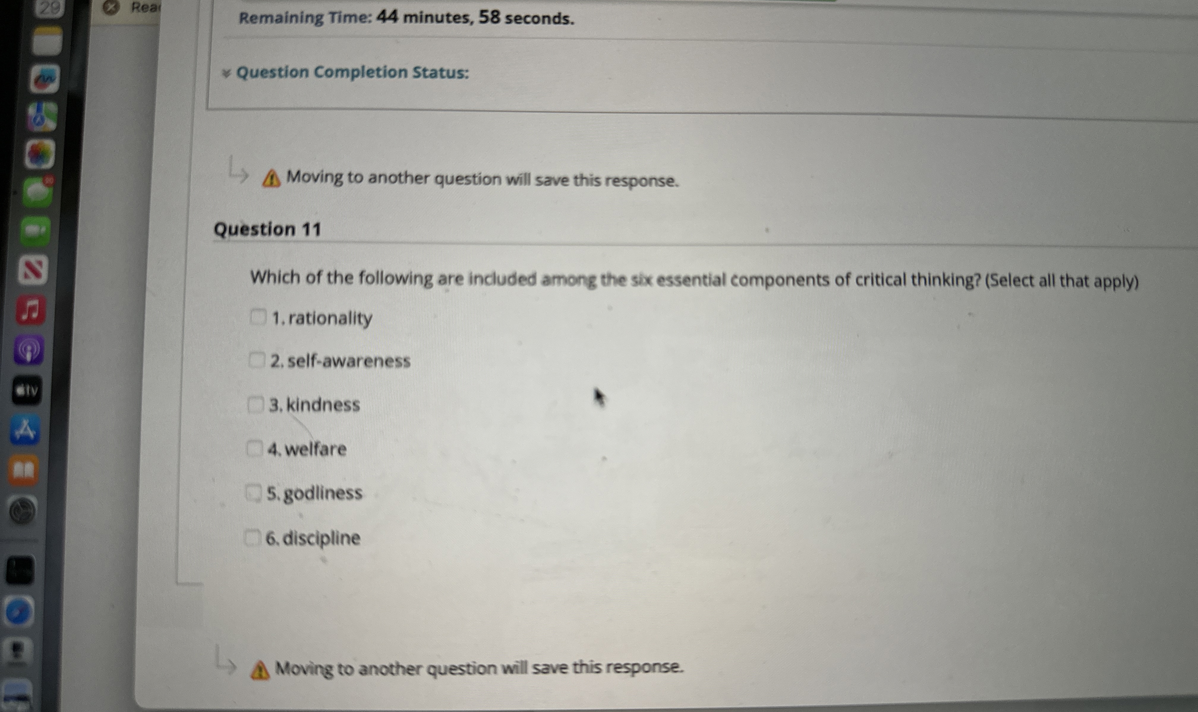 Rear Remaining Time: 44 minutes, 58 seconds. Question Completion Status: Moving