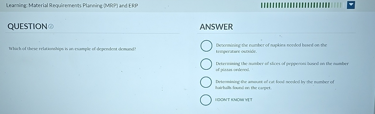  Learning: Material Requirements Planning (MRP) and ERP |IIIIIIIIIIIIIIIIIIII||I QUESTION(1) ANSWER Which
