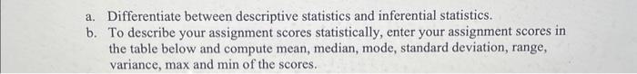 scores a. Differentiate between descriptive statistics and inferential statistics. b. To describe
