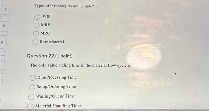  Types of inventory do not include? WIP MRP MRO Raw Material