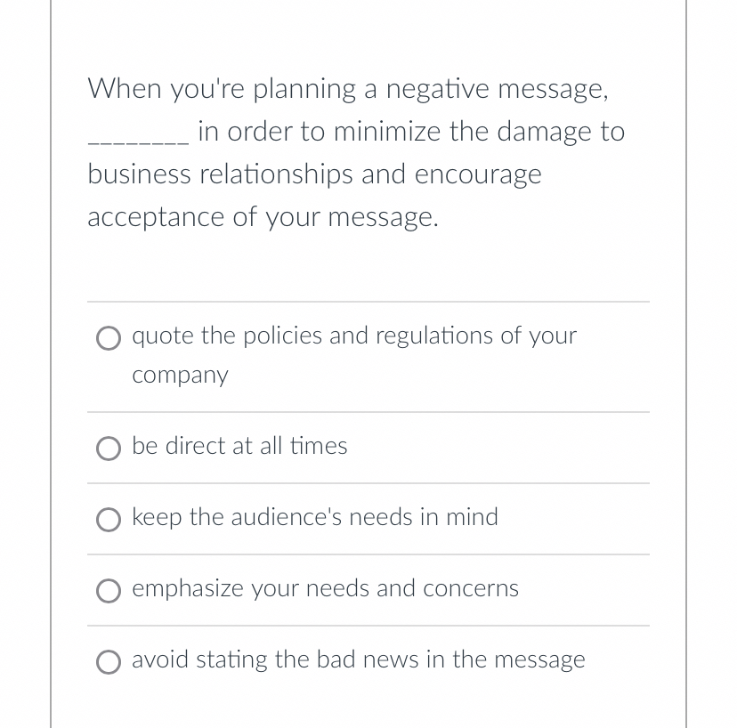  When you're planning a negative message, in order to minimize the