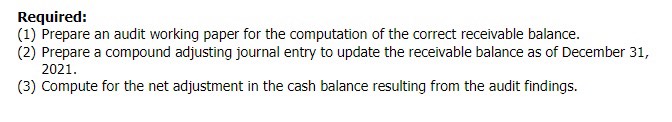  Required: (1) Prepare an audit working paper for the computation of
