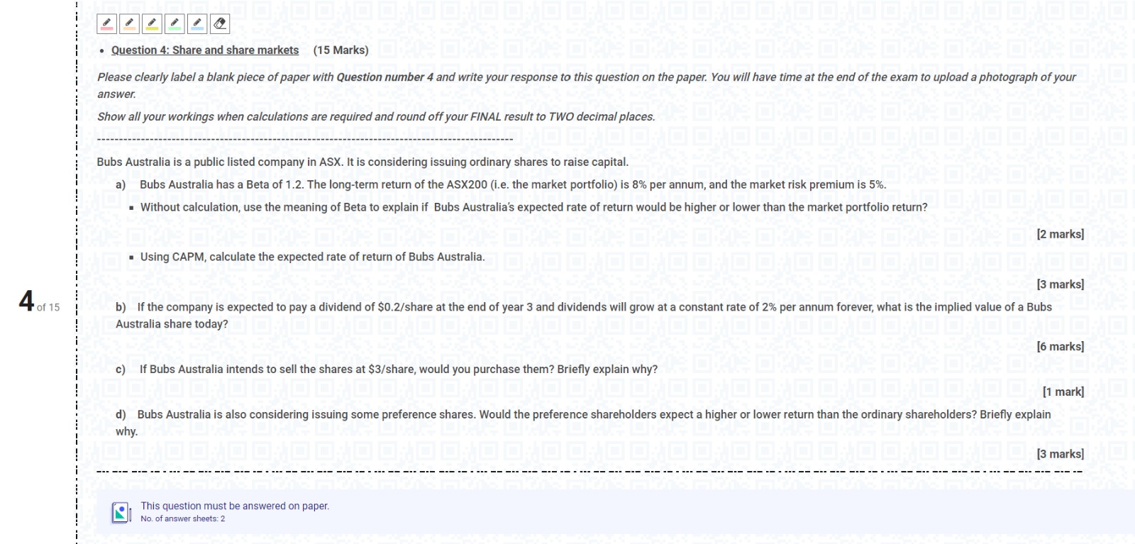  . Question 4: Share and share markets (15 Marks) Please clearly