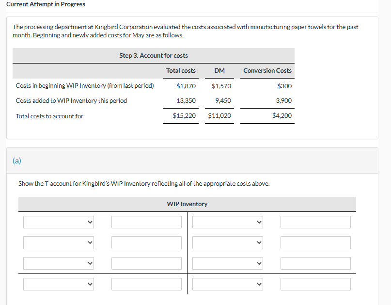 Current Attempt in Progress The processing department at Kingbird Corporation evaluated
