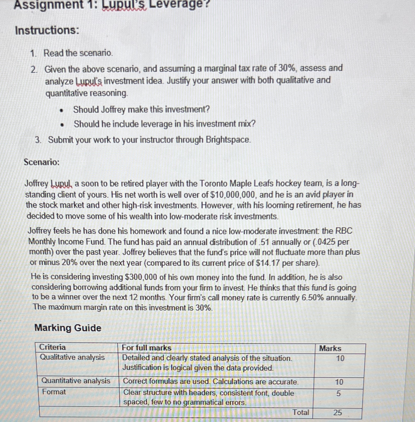 Assignment 1: Lupul's Leverage? Instructions: 1. Read the scenario. 2. Given