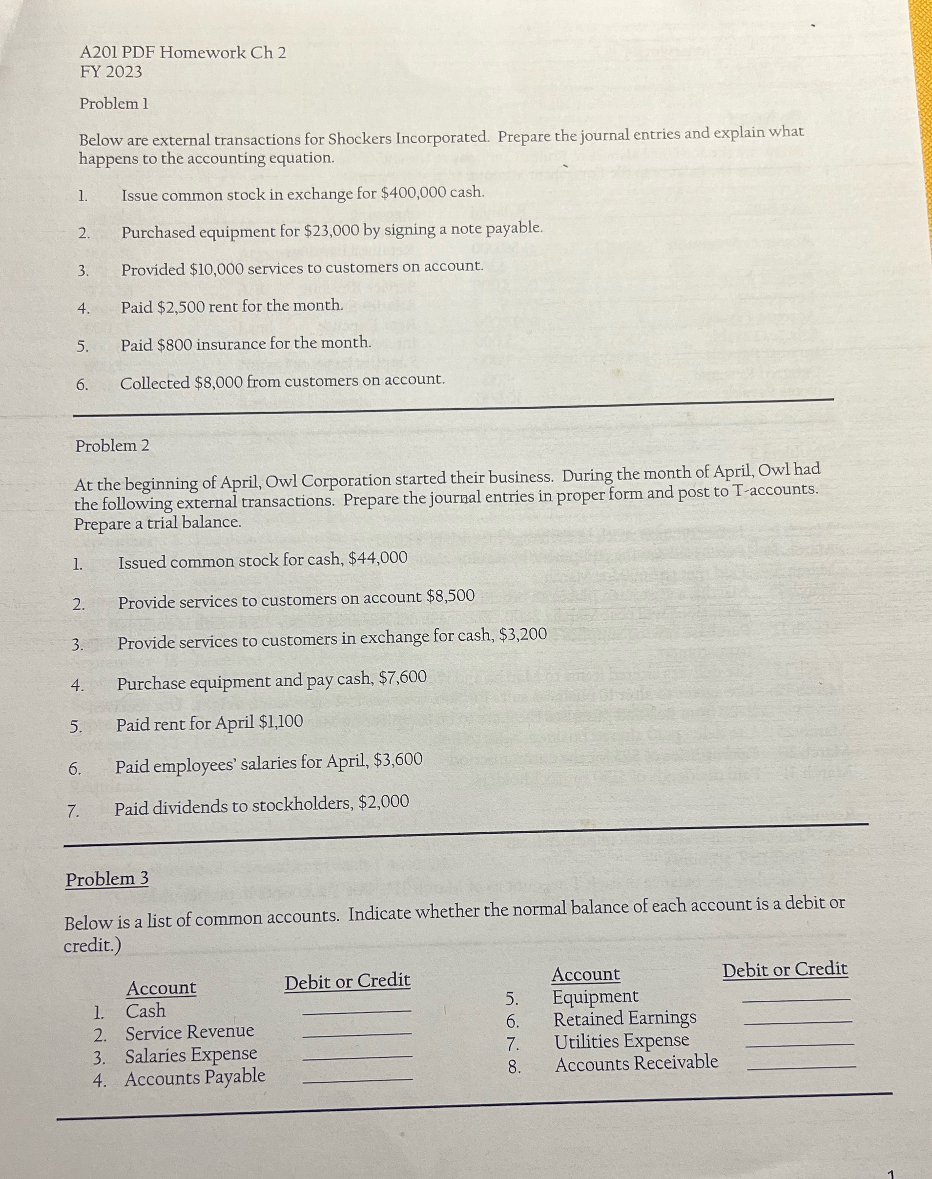  A201 PDF Homework Ch 2 FY 2023 Problem 1 Below are