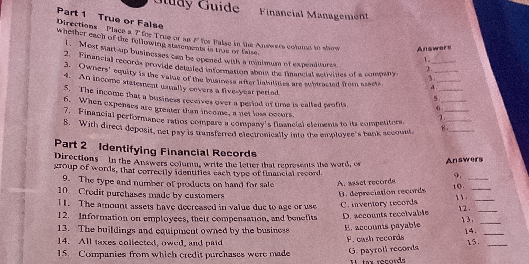  Study Guide Financial Management Part 1 True or False Directions Place