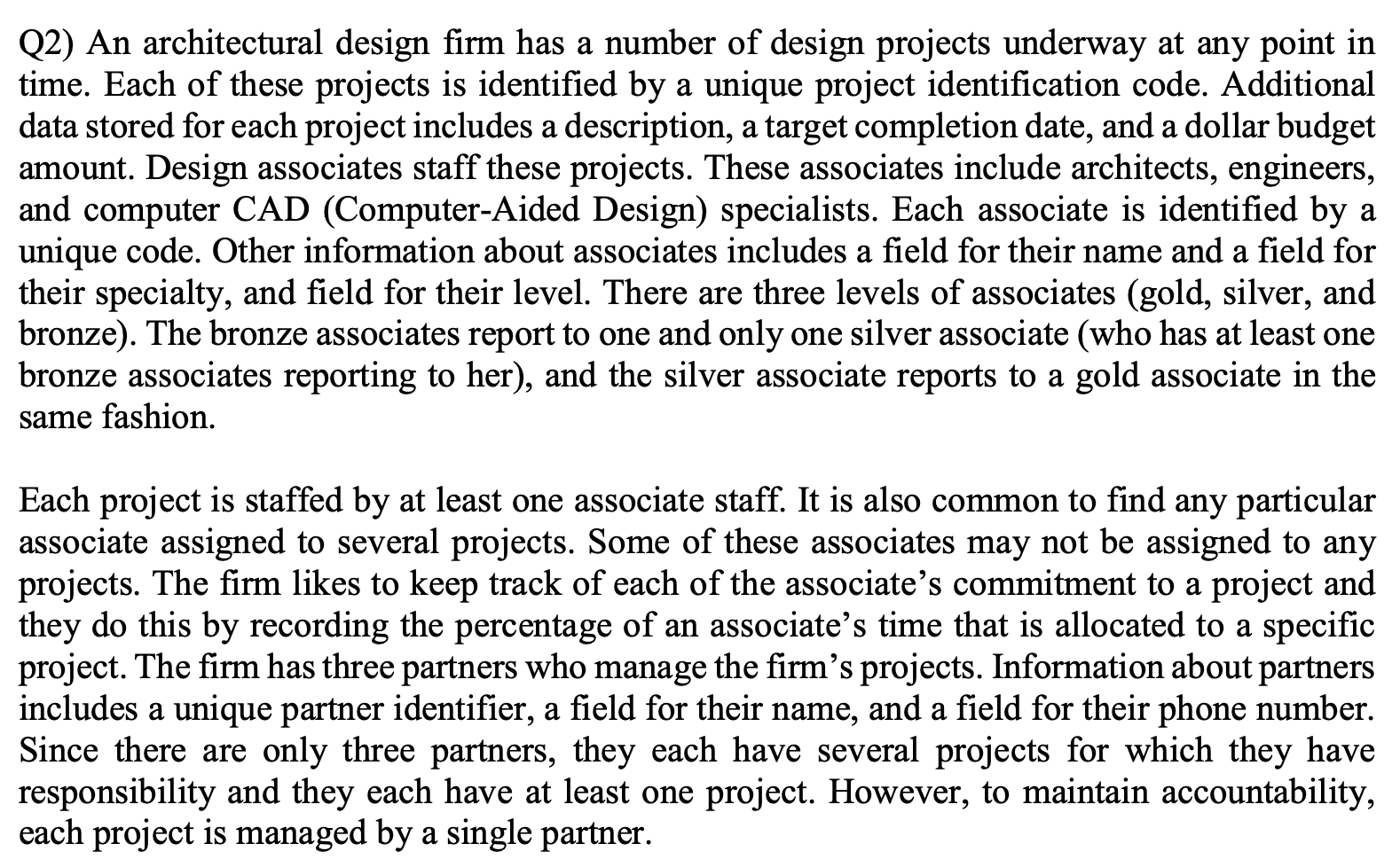 Class: Business Data Management DRAW THE ENHANCED ER MODEL: Below is the