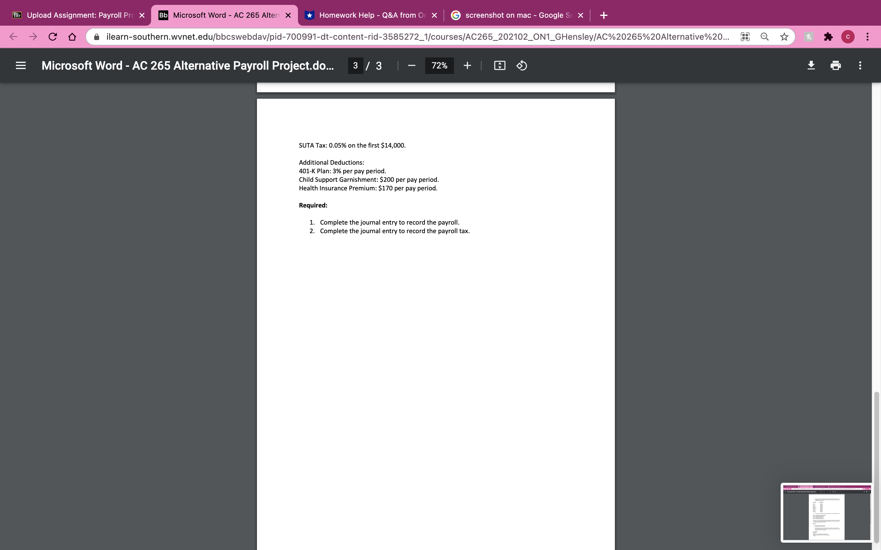on mac - Google SE X > C D ilearn-southern.wvnet.edu/bbcswebdav/pid-700991-dt-content-rid-3585272_1/courses/AC265_202102_ON1_GHensley/AC%20265%20Alternative%20... [ Q