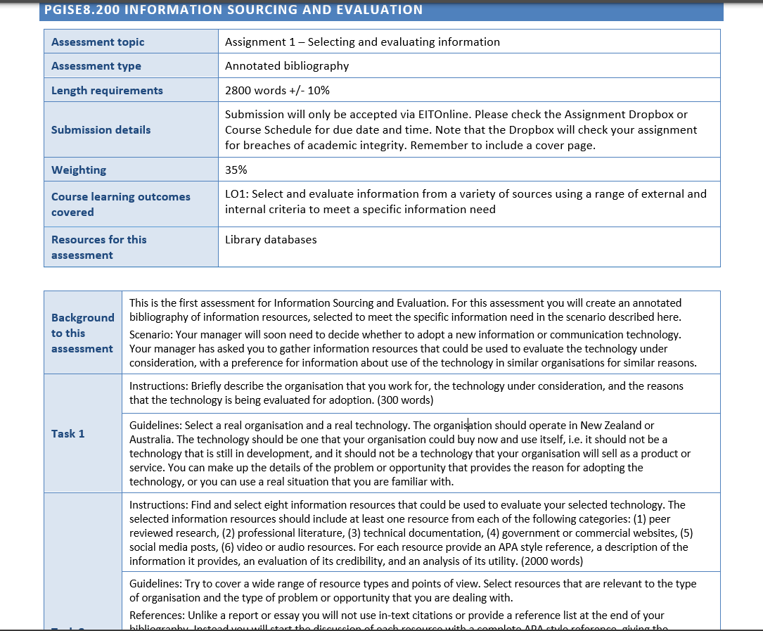 examples of what is required for tasks 1 and 2 of assignment