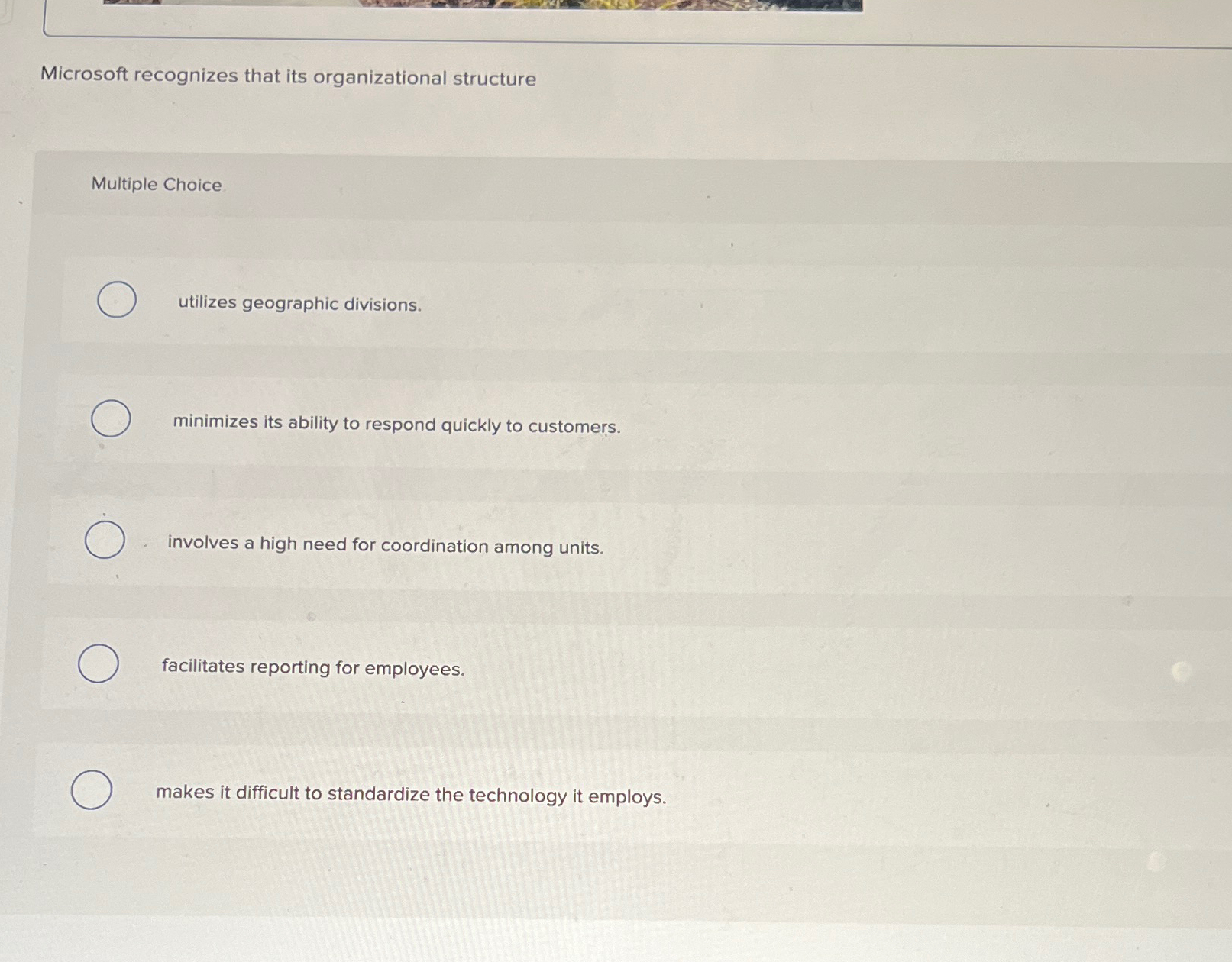  Microsoft recognizes that its organizational structure Multiple Choice utilizes geographic divisions.
