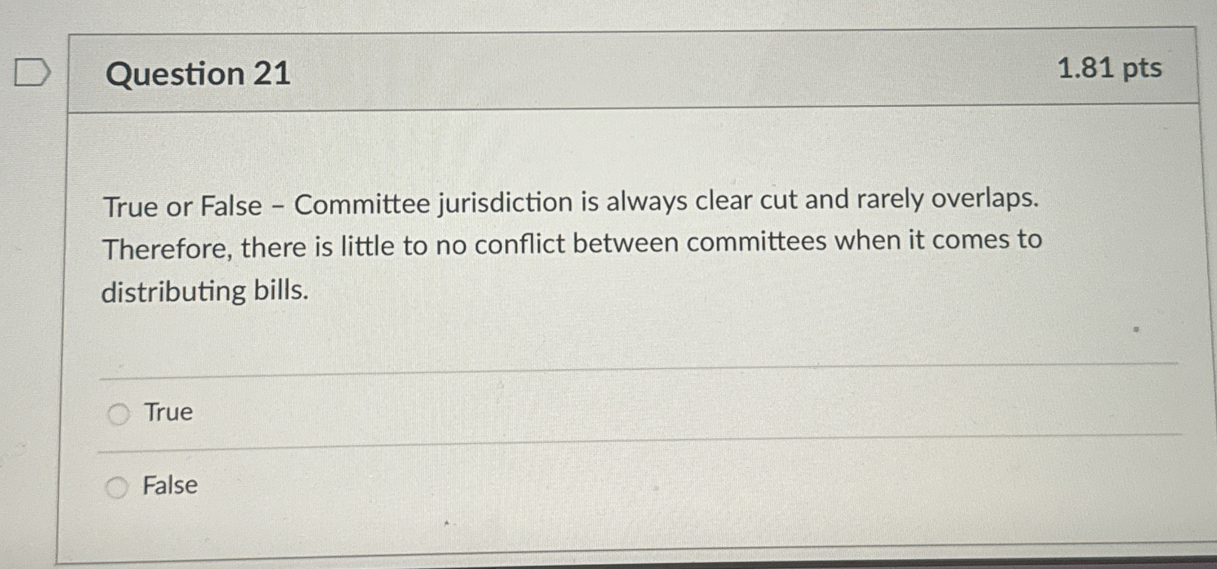  Question 21 1.81 pts True or False - Committee jurisdiction is