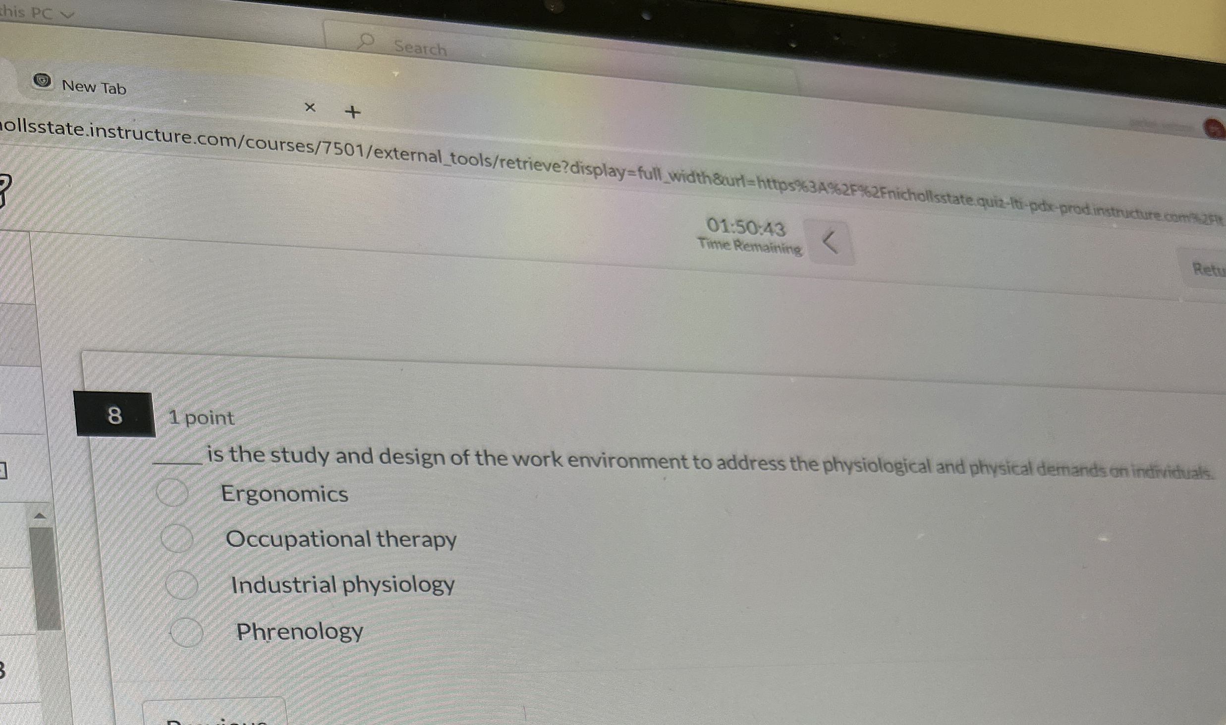  Search New Tab 01:50:43 Time Remaining 8 1 point q, is