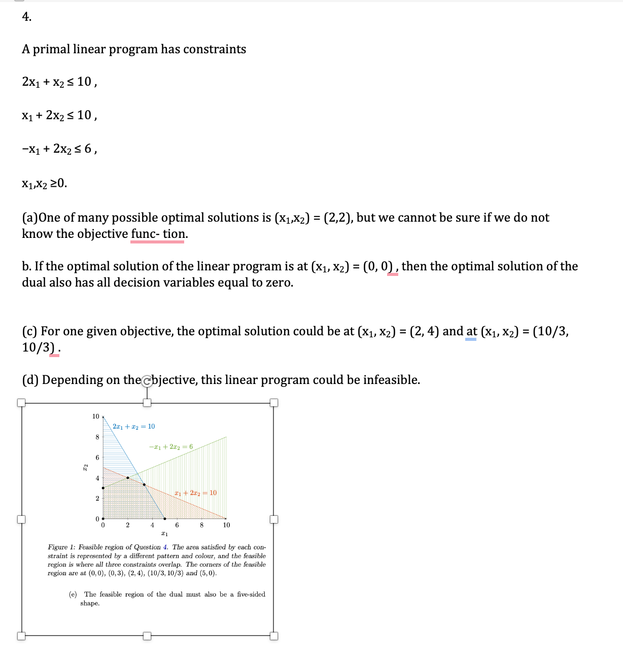  A primal linear program has constraints 2x1+x210 x1+2x210 -x1+2x26, x1,x20 (a)One