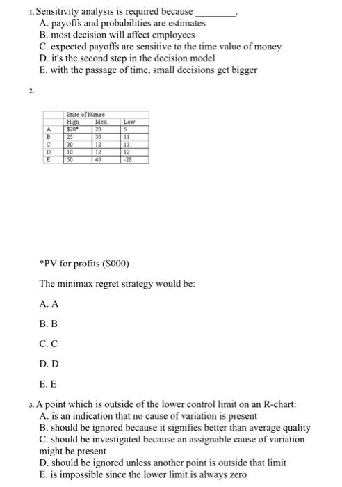  1. Sensitivity analysis is required because A. payoffs and probabilities are