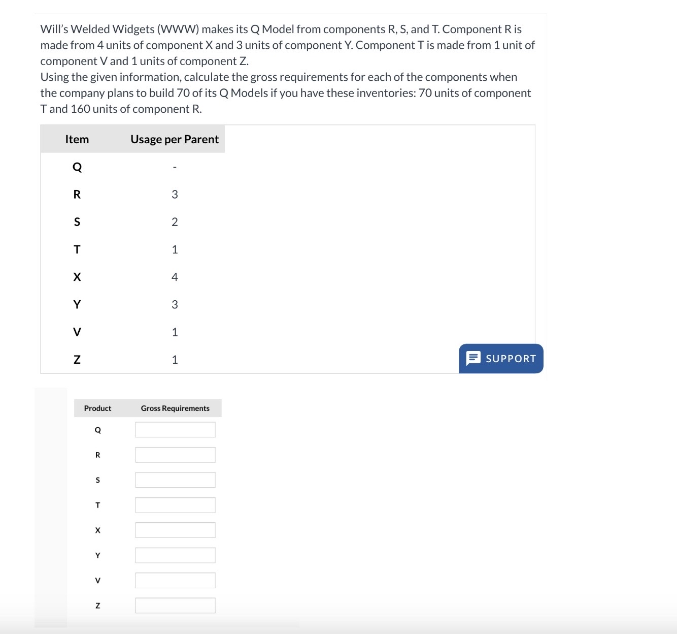  Will's Welded Widgets (WWW) makes its Q Model from components R,