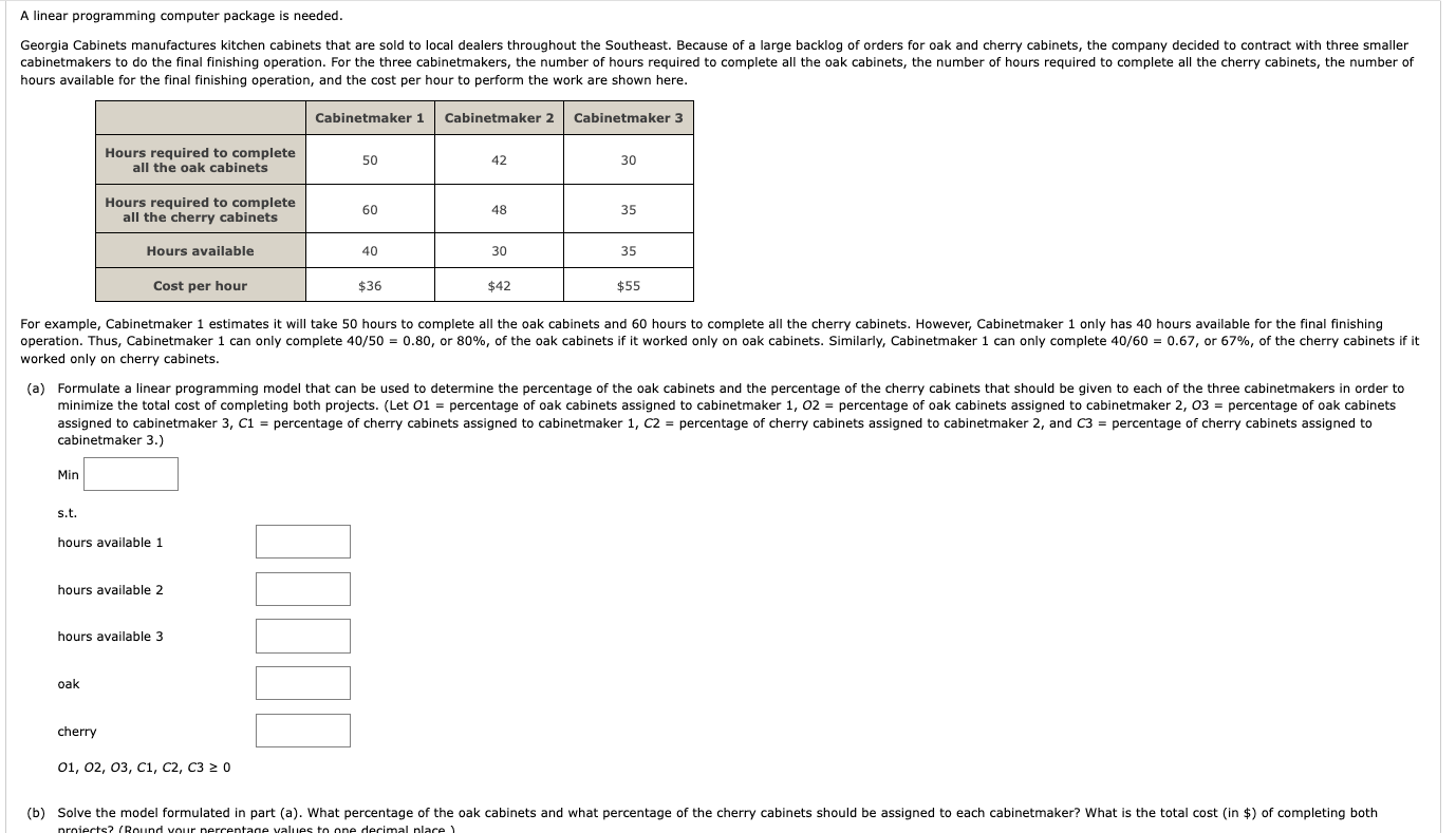 NEED DONE ASAP!!! A linear programming computer package is needed. hours available