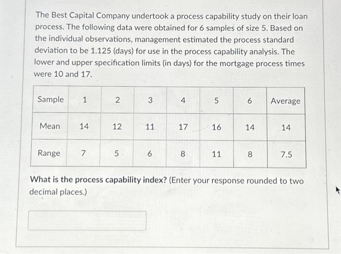  The Best Capital Company undertook a process capability study on their
