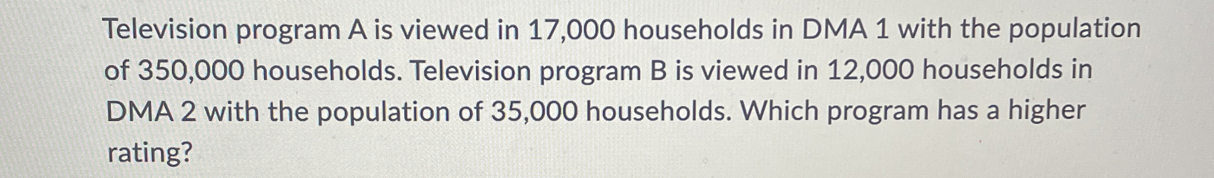  Television program A is viewed in 17,000 households in DMA 1