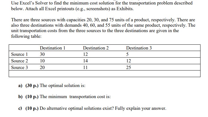 Help Please! Use Excel's Solver to find the minimum cost solution for