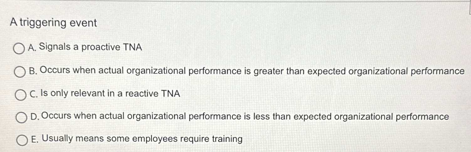  A triggering event A. Signals a proactive TNA B. Occurs when