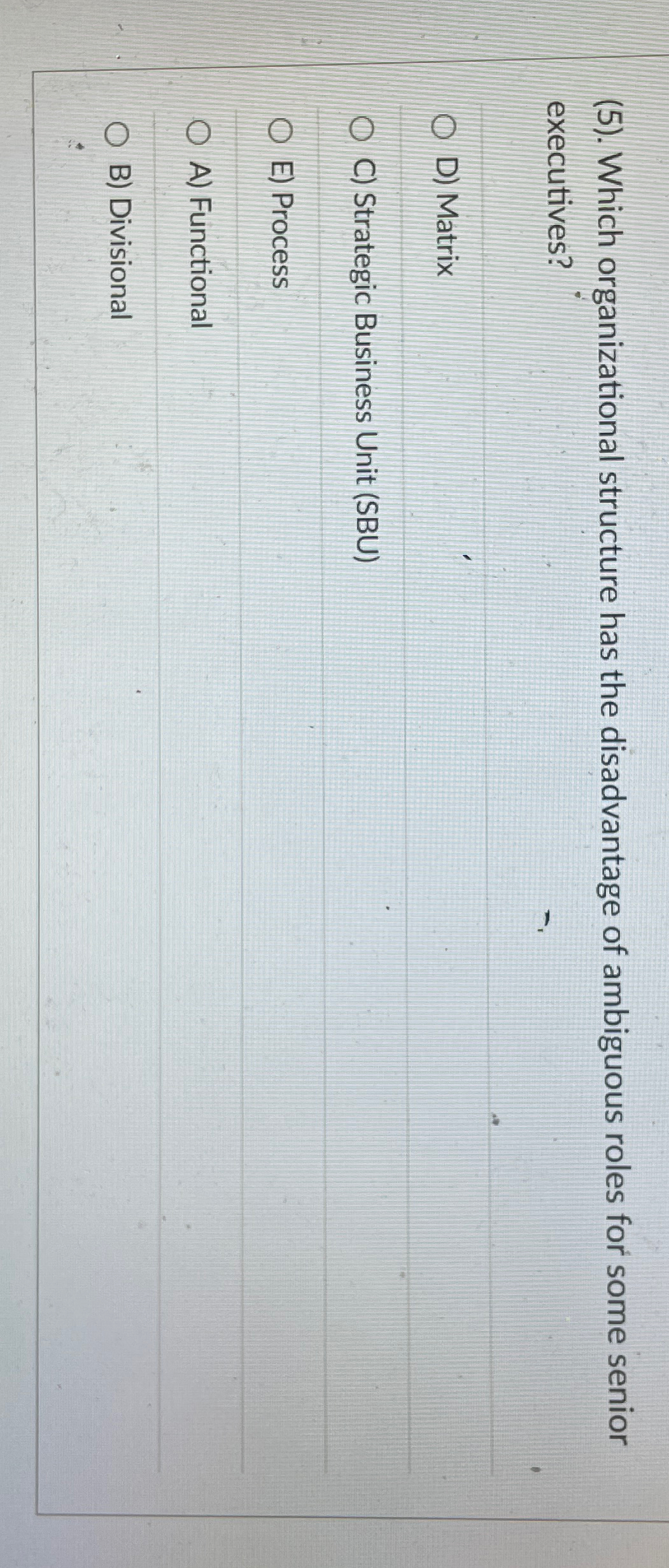  (5). Which organizational structure has the disadvantage of ambiguous roles for