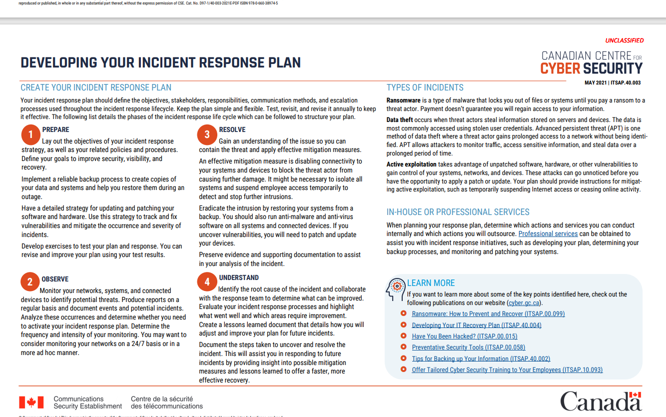 Open the provided document ITSAP.40.003 entitled DEVELOPING YOUR INCIDENT RESPONSE PLAN and