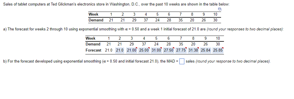 Please post to two decimal places a) The forecast for weeks 2