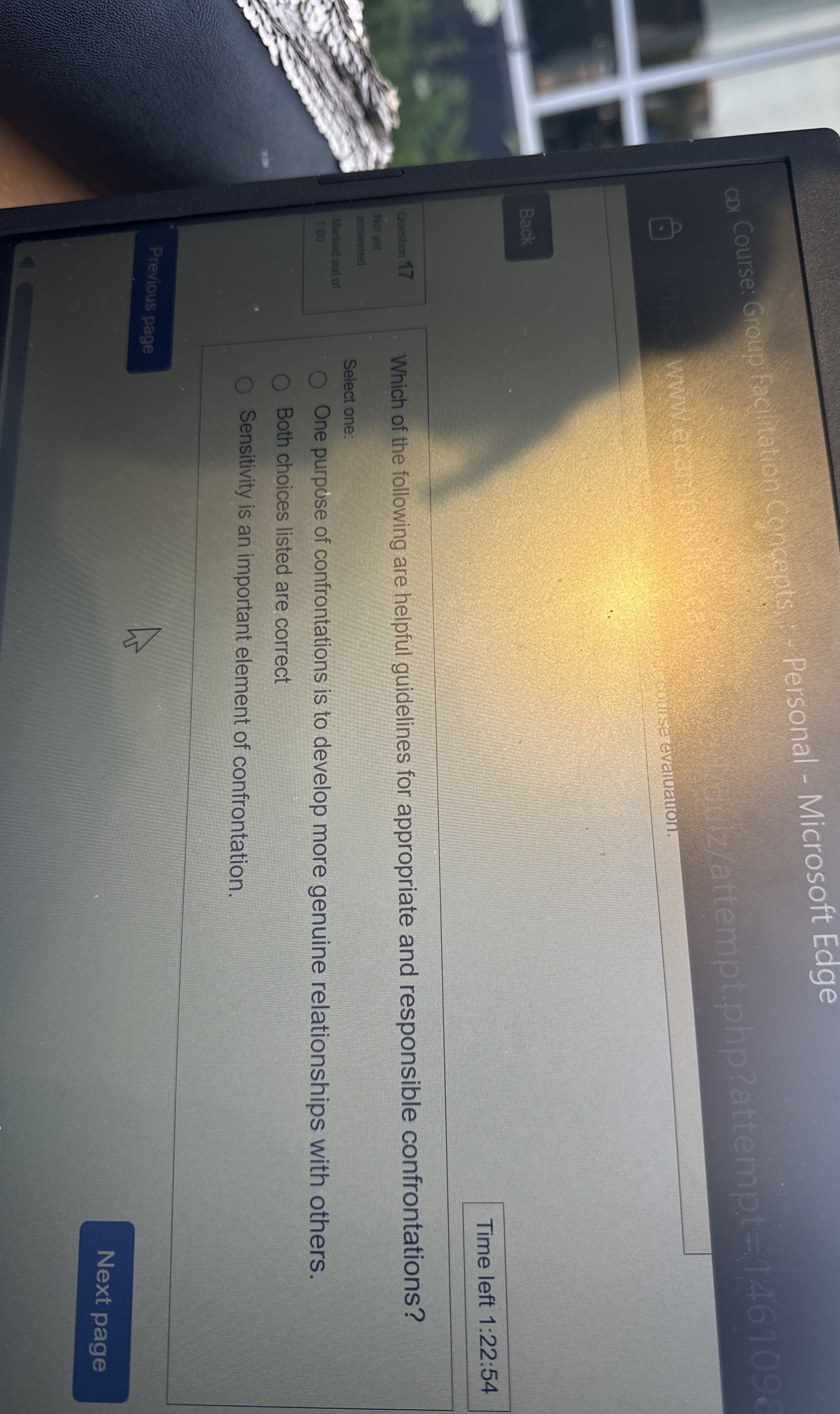  cut se evaluation. Back Time left 1:22:54 Question 17 Which of