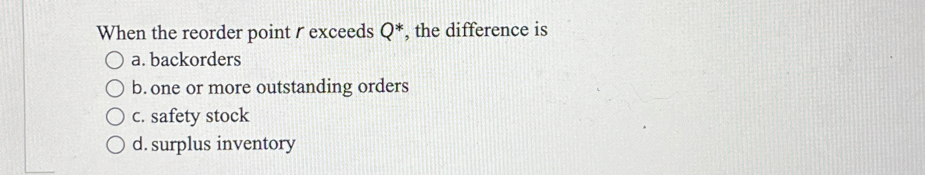  When the reorder point r exceeds Q**, the difference is a.