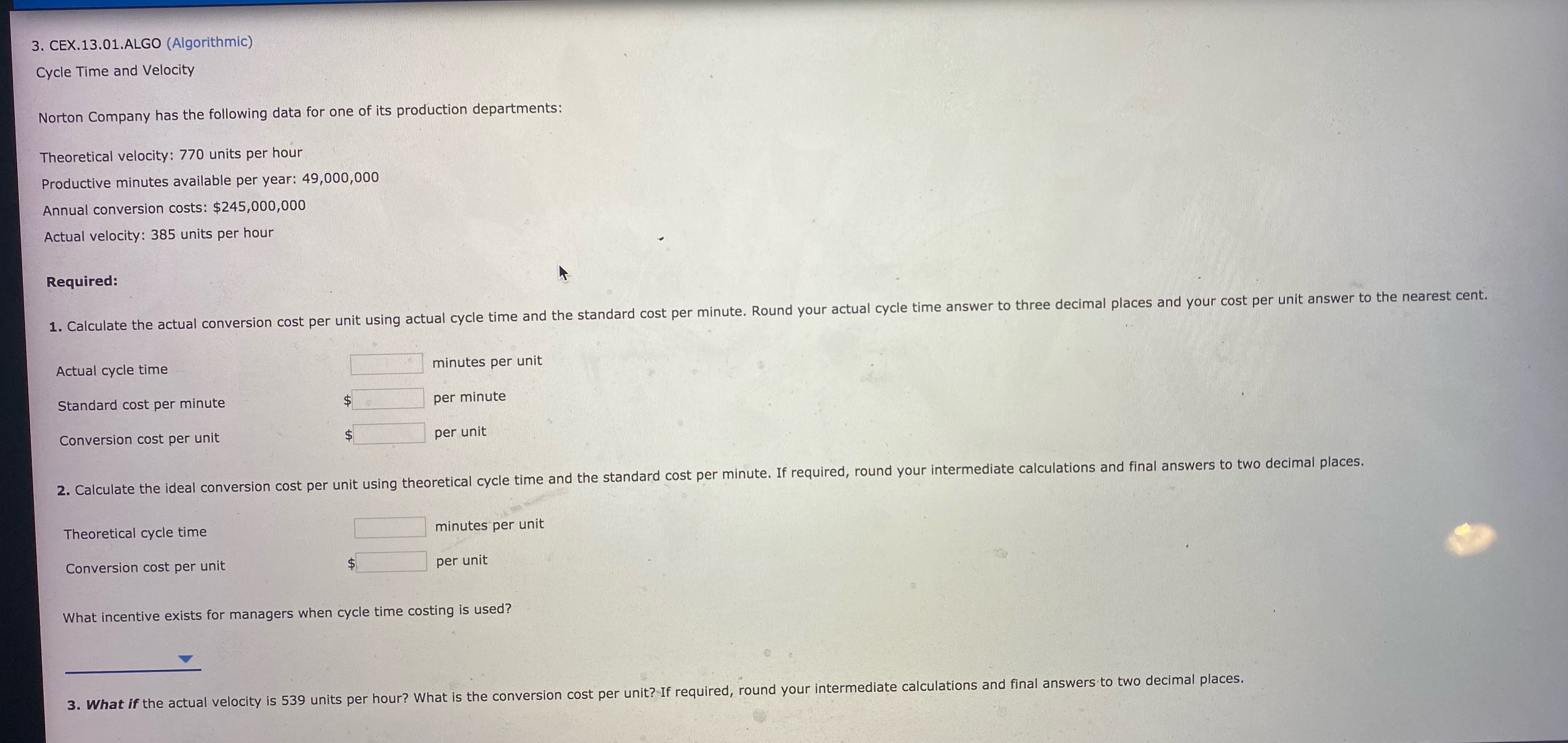 per unit using actual cycle time and the standard cost per minute.