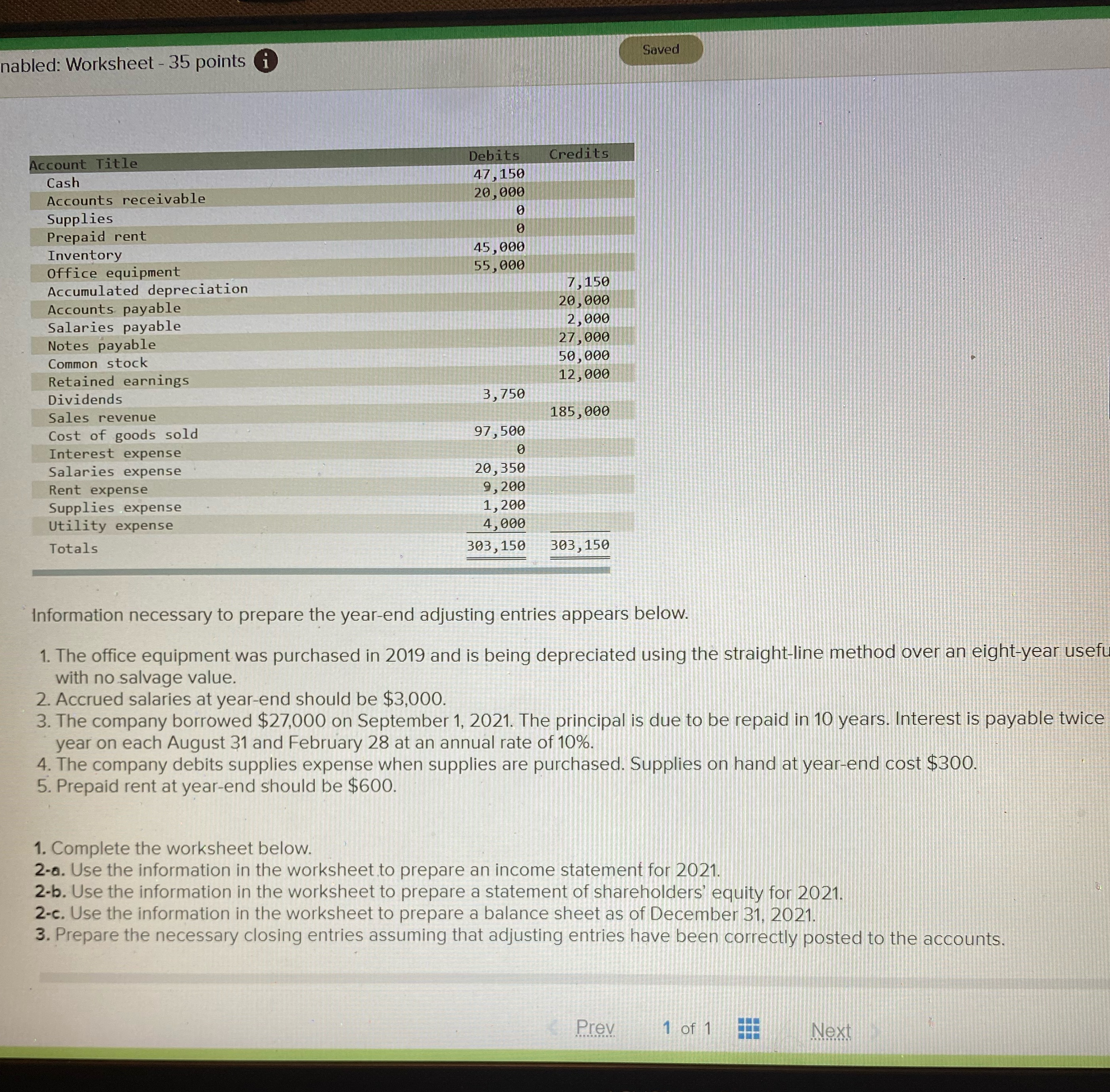  nabled: Worksheet - 35 points i Saved Account Title Debits Credits