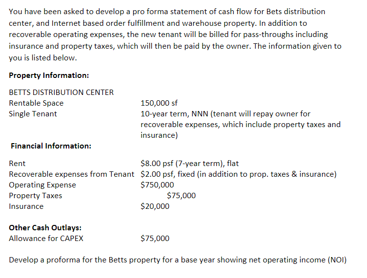  You have been asked to develop a pro forma statement of
