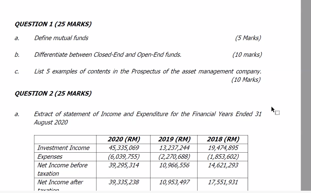  QUESTION 1 (25 MARKS) a. Define mutual funds (5 Marks) b.