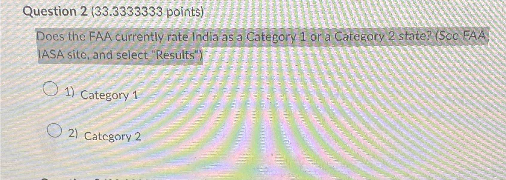  Question 2(33.3333333 points) Does the FAA currently rate India as a