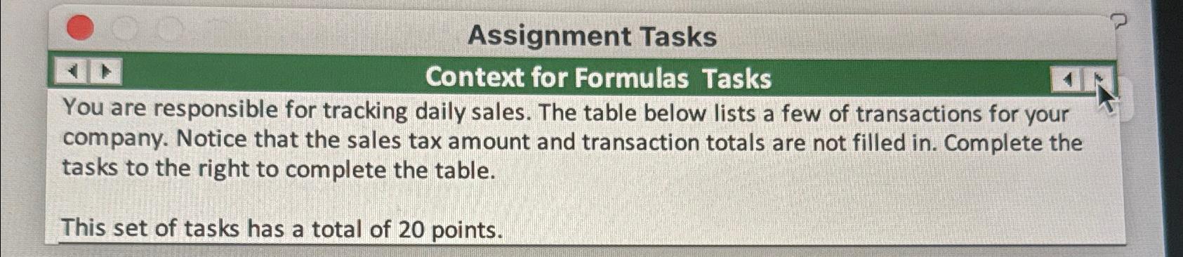  Assignment Tasks Context for Formulas Tasks You are responsible for tracking