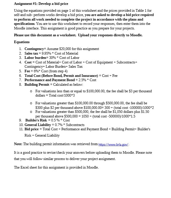Assignment #1: Develop a bid price Using the equations provided on