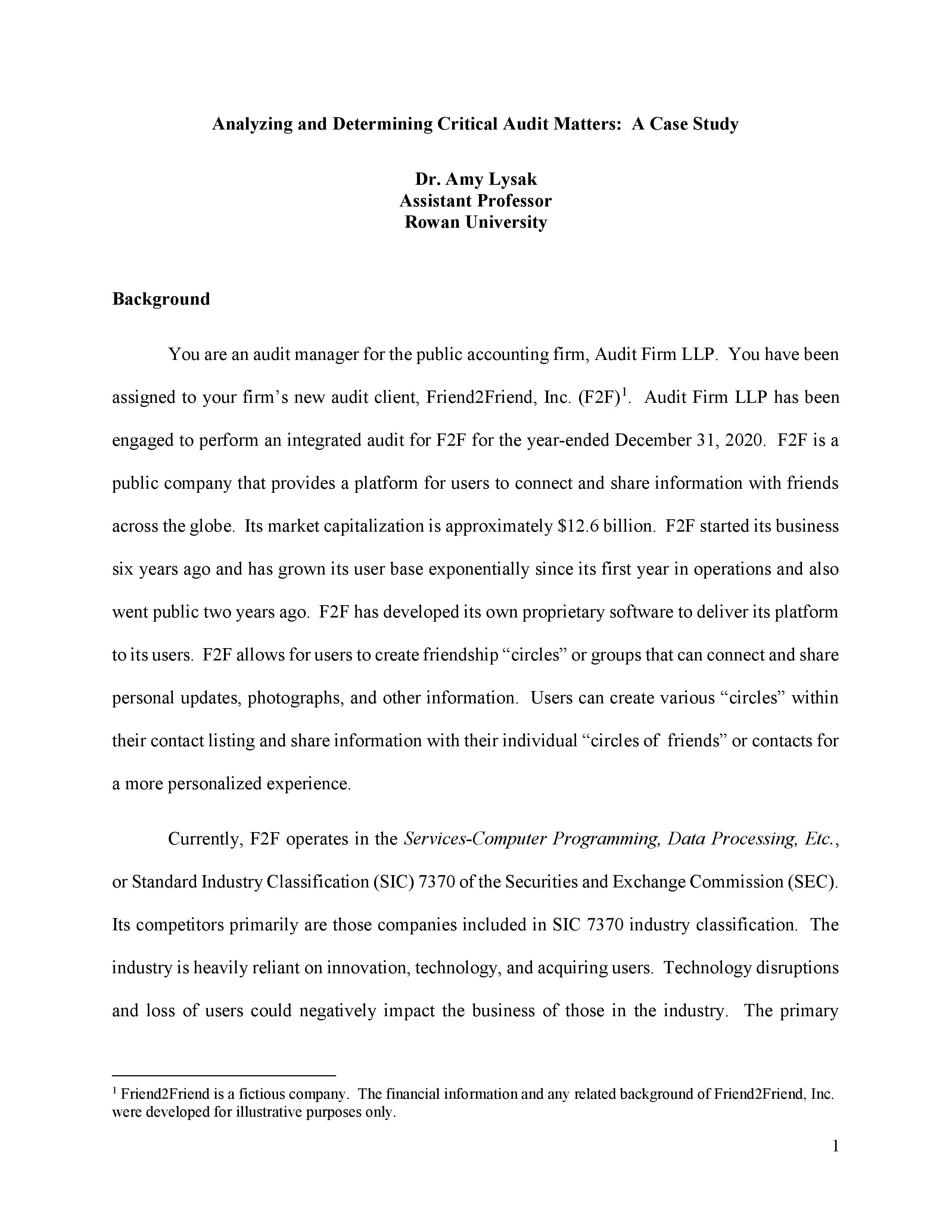  please help! Analyzing and Determining Critical Audit Matters: A Case Study