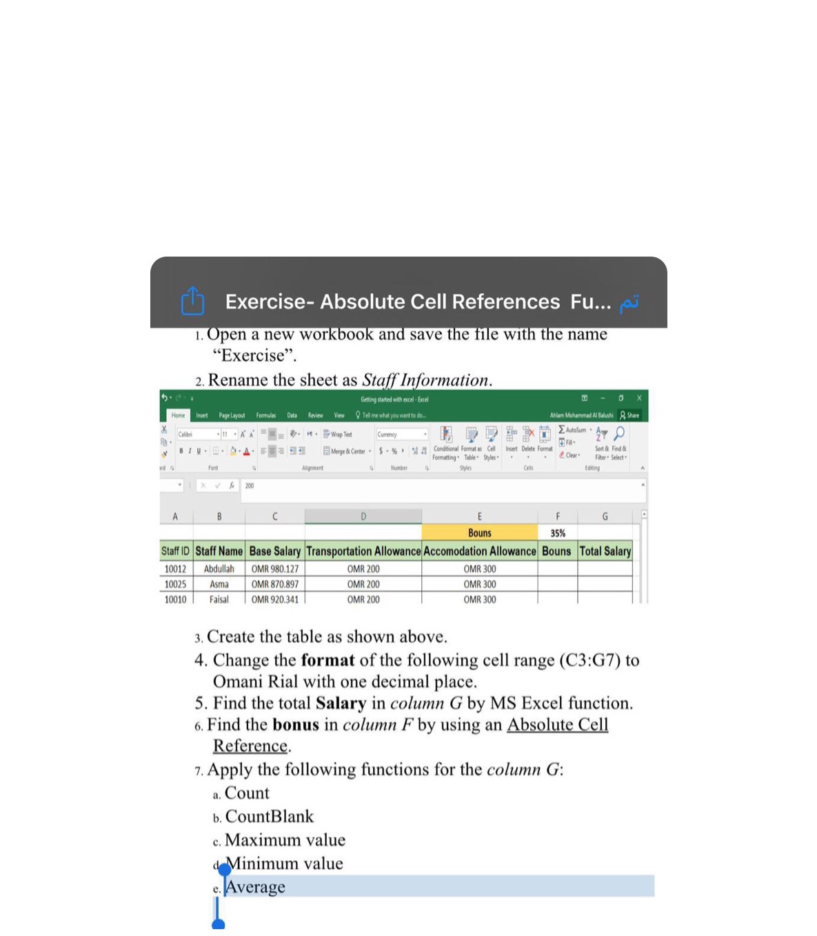 I want to solve question 6 !!?? Exercise- Absolute Cell References Fu...