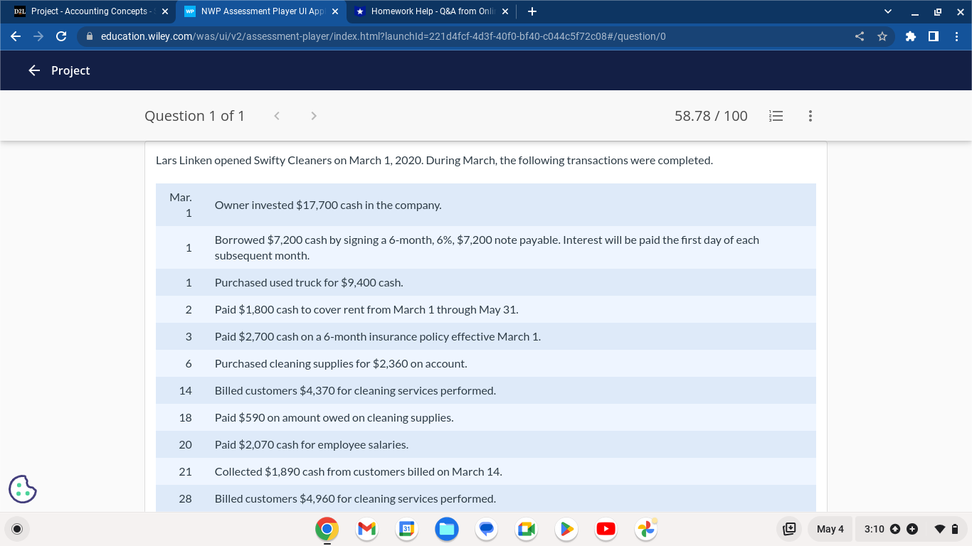 + X C A education.wiley.com/was/ui/v2/assessment-player/index.html?launchld=221d4fcf-4d3f-40f0-bf40-c044c5f72c08#/question/0 # - Project Question 1 of 1