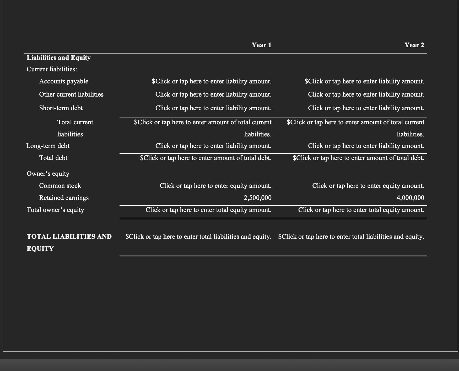 Company Projected Balance Sheet as of December 31 for Year 1 and
