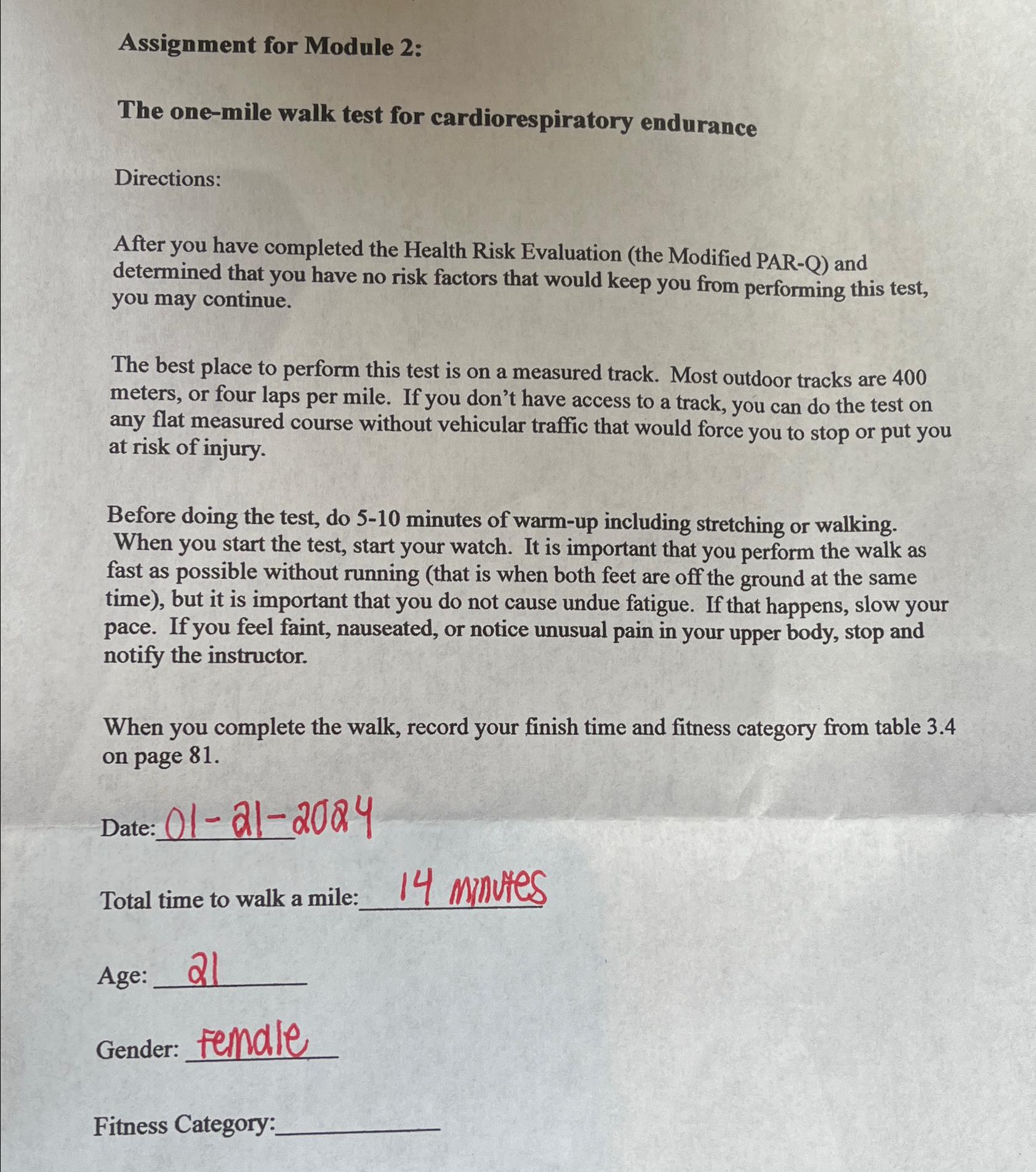  Assignment for Module 2: The one-mile walk test for cardiorespiratory endurance